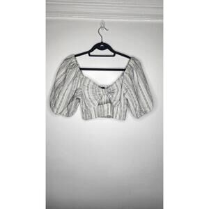 Lulus Top Womens Small White Black Striped Puff Sleeve Crop Tie Front Blouse